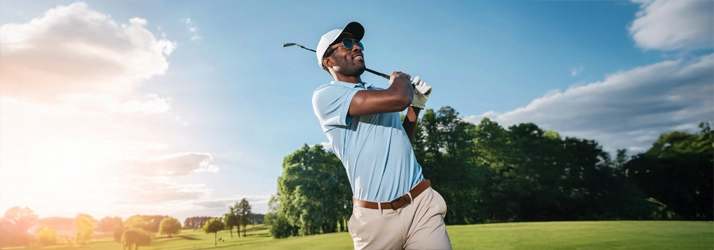 Chiropractic Bellevue WA Man Golfing A man golfing in a blue shirt, hat, and sunglasses.