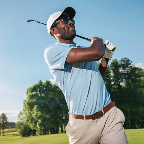 A man golfing in a blue shirt.