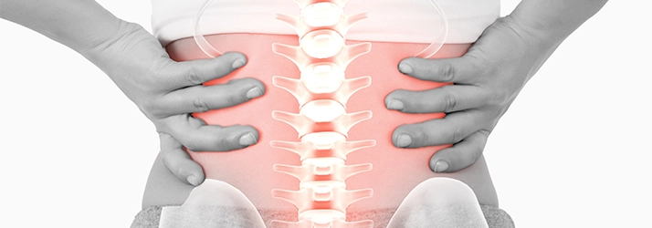 Chiropractic Bellevue WA Spinal Care A grey photo of a person holding their lower back. Their spine is highlighted pink.